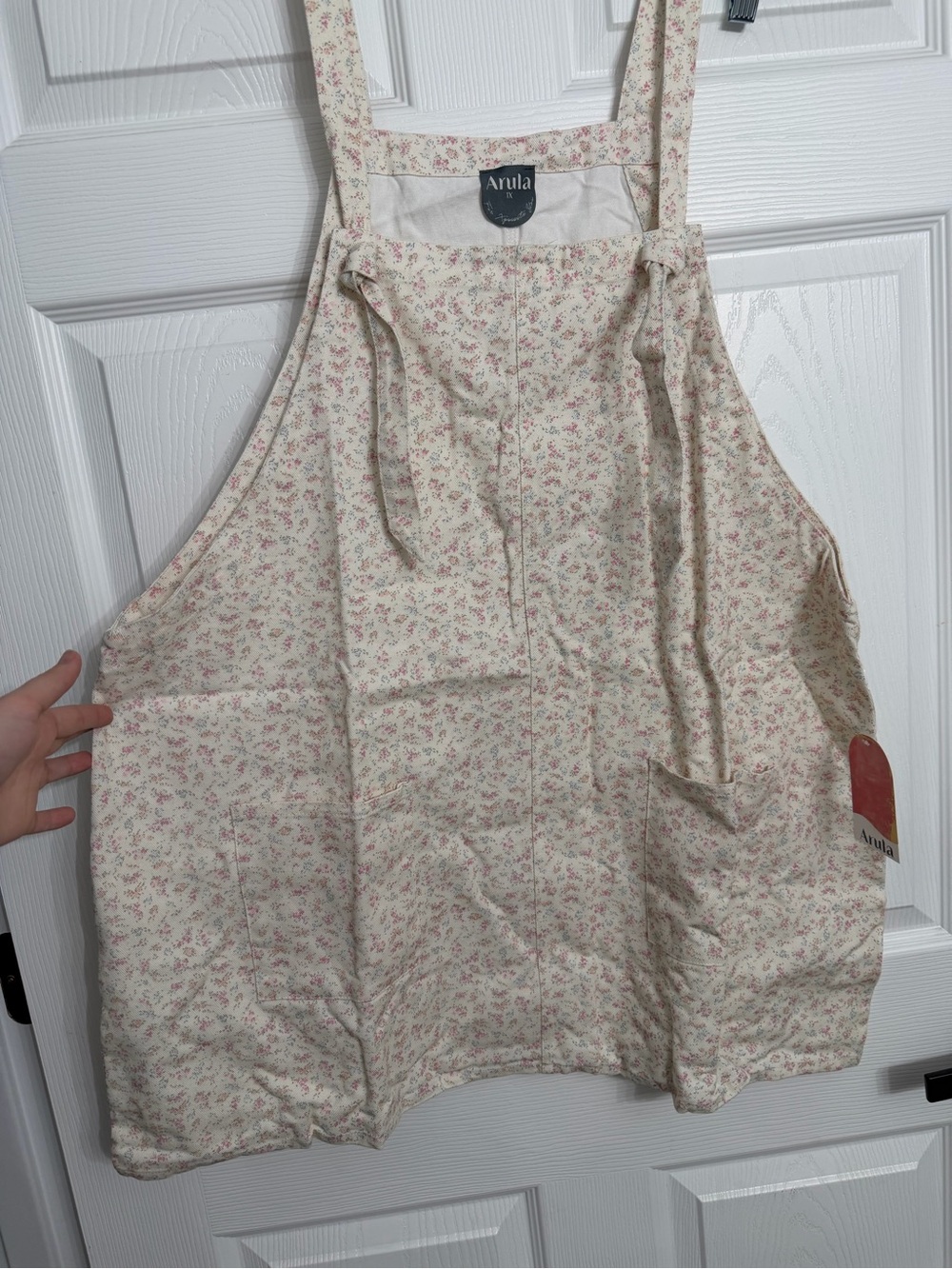 ARULA Cream Pinafore Dress with Pink Ditsy Floral Print